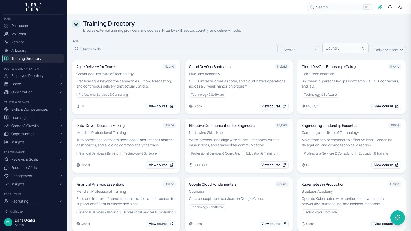 TRAINING CATALOG — Humavera product screenshot