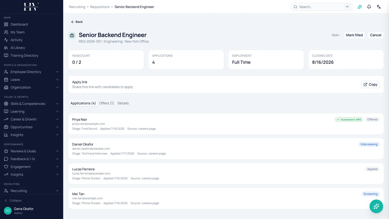 REQUISITION · ARTIFACTS — Humavera product screenshot