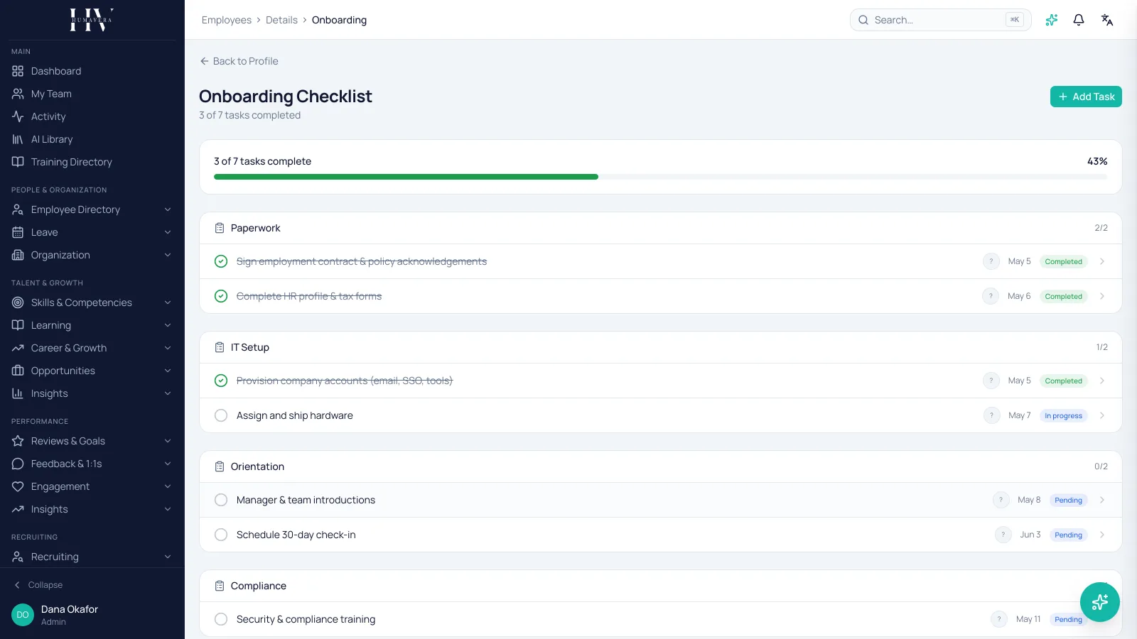 ONBOARDING WORKFLOW — Humavera product screenshot