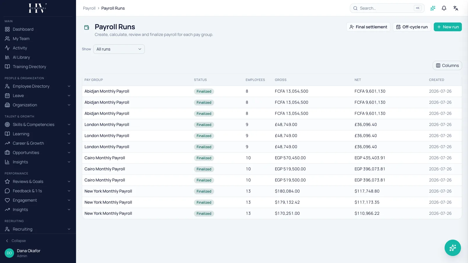 PAYROLL · 6 COUNTRIES — Humavera product screenshot