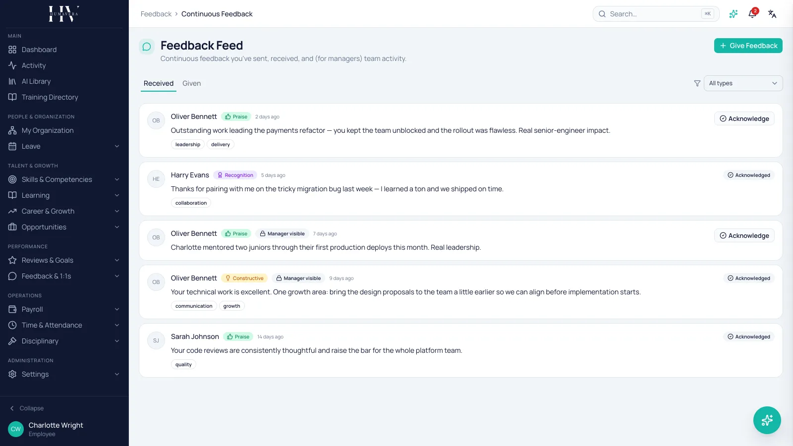 FEEDBACK STREAM — Humavera product screenshot