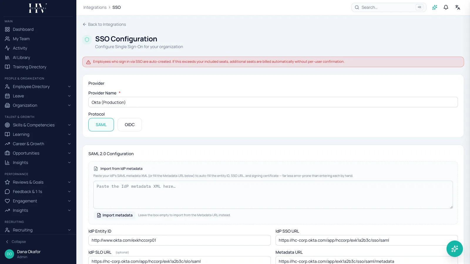 SSO · TEST MODE — Humavera product screenshot